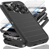 For Iphone 12 Pro Max Case, 2X Glass Screen And Camera Protector, 3 In 1 Heavy Duty Shockproof Drop Protection Stripe Rubber Cover For 12 Pro Max 6.7"-Black