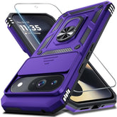 Case Compatible With Google Pixel 9/9 Pro Built In Slide Camera Lens Cover+Screen Protector+Finger Ring Holder Kickstand,Heavy Duty Shockproof Full Body Protective Phone Cover,Purple