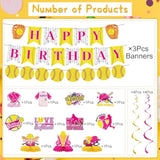 Softball Birthday Party Decorations - Themed Happy Banner, Hanging Swirls, Honeycomb Centerpieces, Table Decor, Sports Party Supplies