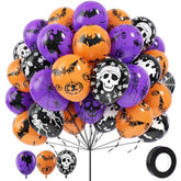 60Pc Halloween Balloons – 12" Black Orange Purple with Pumpkin, Ghost & Bat
