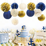 Navy Blue And Gold Decorations, 12Pcs Hanging Paper Lanterns Tissue Pom Poms Decor For Graduation Party, Winter Wedding, Mens Birthday, Memorial Day Decorations, New Years Party Supplies