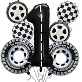 7-pc race car 1st birthday set with 40" black racetrack number 1 foil balloon