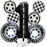 7-pc race car 1st birthday set with 40" black racetrack number 1 foil balloon