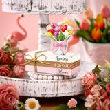 4 Pcs Spring Table Decor Tulip Wooden Sign Spring Farmhouse Wooden Block Decorative Floral Book Tiered Tray Easter Decor Rustic Decoration For Bookshelf Fireplace Desk Living Room(Classic)