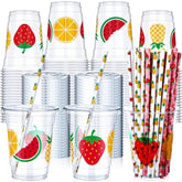 300 Pcs Fruit Disposable Plastic Cups With Lids And Straws 12Oz Summer Party Favors Cups Fruit Disposable Clear Cups Summer Fruit Theme Party Supplies Favors