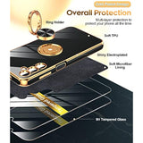 For Samsung Galaxy A14-5G Phone Case: 2 Pack Tempered Glass Screen Protector And 360° Rotatable Ring Magnetic Kickstand, Plating Rose Gold Edge Cell Android Basic Funda Para A 14 5G Cover, Black