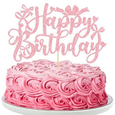 1Pcs Bow Happy Birthday Cake Topper Glitter Coquette Cake Pick Decorations For Girls Women Birthday Theme Baby Shower Party Supplies Pink