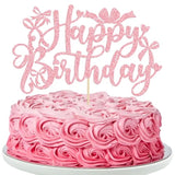 1Pcs Bow Happy Birthday Cake Topper Glitter Coquette Cake Pick Decorations For Girls Women Birthday Theme Baby Shower Party Supplies Pink