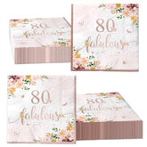 40Pieces 80Th Falulous Paper Napkin - Rose Gold Party Supplies Disposable Rose Gold Floral Theme Napkins For Women 80Th Birthday,Anniversary Wedding Party Favors