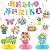 12 Pcs Spring Decorations,Hello Spring Banner,Spring Hanging Swirls With Spring Honeycomb Centerpieces Spring Supplies Decorations For Office Classroom