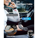 SUNDAREE 96W USB C Car Charger Three Port Cigarette Lighter Adapter PD 45W PPS33W & QC3.0 18W 6ft Type C Coiled Cable Fast Charging iPhone 16/15/14/13 Smartphones S23/S22/S21 Android ipad