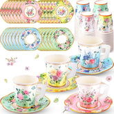 160 Pcs Floral Paper Tea Cups And Saucers 7 Oz Disposable Paper Tea Cups With Handle And Plates For Tea Party Decoration Birthday Baby Shower Bridal Wedding Mother'S Day