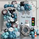 184Pcs Race Car Balloon Garland Arch Kit, Two Fast Birthday Decorations With Slate Dusty Blue Checkered Wheel Check Flag Balloons For One Two Fast Race Car Birthday Party Decorations For Boys