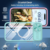 Clear Case Compatible with iPhone 15 MagSafe Slide Camera Lens Cover with 1 Screen Protector, Strong Magnets, Anti Yellow, Transparent Acrylic Back Soft Frame iPhone 15 Case 6.1 Inch, Pink and Teal