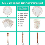 White And Rose Gold Party Supplies - 350 Pcs Disposable Dinnerware Set - White Paper Plates Napkins Cups, Gold Plastic Forks Knives Spoon For Graduation, Birthday, Cocktail Party