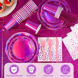 200PCS Pink Plates & Napkins Party Set for 25 Guests, Holographic Pink Decorations
