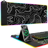 Mouse Pad With Phone Holder, Wireless Charging Desk Mat, Rgb Gaming Mousepad Home Office Large Desk Pad With Ultra-Smooth Surface, Non-Slip Base, Waterproof Keyboard Pad,Topographic Black