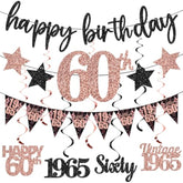 12Pcs 60th Birthday Decor for Women, Rose Gold 1965 Banner and Glitter Swirls Set