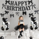Black Bow Birthday Party Decorations Black And White Balloons Whit Bow Happy Birthday Banner Bow Haning Swirls Bow Cake And Cupcake Toppers For Girls Baby Shower Coquette Birthday Party Decorations