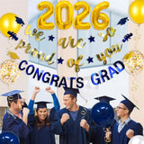 Navy Blue Gold 2026 Graduation Party Decorations Foil Balloon 2026 We Are So Proud Of You Congrats Grad Graduation Banner Blue Gold Cap Diploma Star Garland For Congratulations Party Decor Supplies