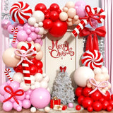 130pcs Merry Christmas Balloon Arch Kit, Red White Xmas Balloon Garland with Red & Pink Bow Balloons and Candy Cane Foil Balloon for Christmas Holiday Birthday New Year Candy Themed Party Decorations