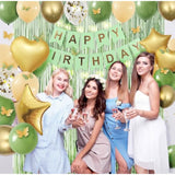 Sage Green Birthday Decorations With Happy Bithday Banner, Curtains, Heart Star Balloons, Butterfly Decor And Led Light For Green Happy Birthday Party Decorations Women(Green)