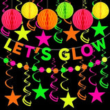 Neon Party Supplies Includes Let'S Glow Banner Star Hanging Swirls Circle Dot Garland Glow In The Dark Party Hanging Decorations For Birthday Black Light Party Decorations