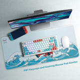 Xvx Pbt Keycaps And Japanese Sea Wave Large Mouse Pad Combo, 121 Keys Coral Sea Custom Key Caps, Extended Kanagawa Mat Desk Pad, Keycaps 75 Percent Dye Sub And Kanagawa Mice Pad (27.6''X11.8'') Kit