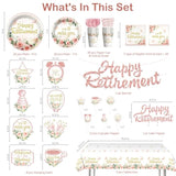 152Pcs Floral Retirement Decorations For Women Tableware Set, 20 Serves Disposable Retirement Plates And Napkins Sets, With 2Pcs Tablecloth, Pre-Strung Banner For We Will Miss You Decorations