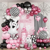 Halloween Balloon Arch Kit - Pink & Black Garland with Ghost and 18" Striped Foil Balloons