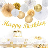 White Champagne Gold Birthday Party-Decorations - 21Pcs Happy Birthday Banner,Paper Lanterns,Tissue Pom Poms Flower Fan,Honeycomb Ball,Swirl Streamers Garland Supplies Women Men Decor