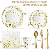 175Pcs White And Gold Party Supplies, Severs 25 Disposable Party Dinnerware, Gold Plastic Forks Knives Spoons And Golden Dot Paper Plates, White Napkins Cups For Graduation, Birthday, Wedding