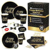 30 Guest Black And Gold Happy Birthday Gold Foil Include Complete Party Pack 9" Dinner Paper Plates 7" Dessert Paper Plates 12 Oz Cups 3 Ply Napkins Party Supplies
