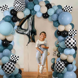 Race Balloon Garland Arch Kit, Dusty Blue Black Balloons with Checkered Balloons for Race Theme Birthday Party Decorations Baby Shower Party Supplies
