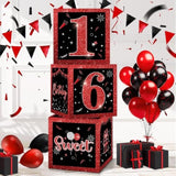3 Pcs Happy 16Th Birthday Decorations Red Black Balloon Box For Boys Girls Sweet 16 Birthday Party Sixteen Year Old Theme Balloons Cardboard Boxes Gift Supplies Table Centerpieces Decor