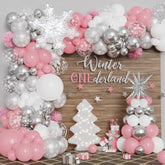 Pink Winter Wonderland Balloon Garland Arch Kit Pink White Metallic Silver With Large Snowflake Balloon For Christmas Princess Girl A Little Snowflake Is On The Way Baby Shower Birthday Party Decor