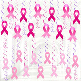56Pcs Breast Cancer Awareness Decorations Glitter Pink Ribbon Hanging Swirl