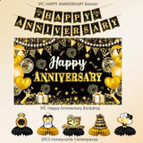 Happy Anniversary Decorations, Black And Gold Wedding Happy Anniversary Party Supplies - Happy Anniversary Banner,Backdrop 5.9 X 3.6Ft With 5Pcs Honeycomb Centerpiece Decor