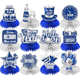 12pcs Blue Silver New Year 2026 Honeycomb Table Centerpieces for NYE Party
