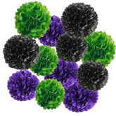 2Pcs Green, Purple & Black Paper Pom Poms for Halloween Party Ceiling and Wall Decorations