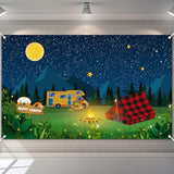 70.8x43.3" Camping Party Backdrop Fake Campfire, Happy Camper Banner & Decor