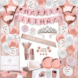 225 Pc Rose Gold Birthday Party Decorations Kit For Girls, Teens, Women - Happy Birthday Banner, Curtains, Table Runner, Balloons, Sash, Tiara, Cake Topper, Plates, Cups, Napkins, Straws For 25 Guests