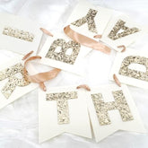 Felt Happy Birthday Banner With Glitter Letters, Cream White Boho Groovy Garland, Reusable Gold Glitter Sign, Thick Felt Bunting Decor For 1St Sweet 16 21St 30 40 50 60 70 Birthday Party