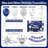 Blue And Silver Birthday Decorations, Blue White Silver Balloons Banner Tablecloth Backdrop For Happy Birthday Decorations For Men