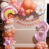 Young, Wild, and Three Banner, Groovy Retro Hippie, Daisy, Rainbow Balloon Decor