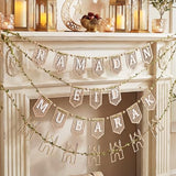 4 Pcs Ramadan Eid Mubarak Wood Bead Garland Eid Mubarak Ramadan Hanging Banner Garland Farmhouse Wooden Rustic Neutral Hanging Decor for Party Fireplace Home Wall Sign Decoration
