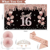 16Th Birthday Decorations For Girls, 33Pcs Sweet 16 Crown And Sash, Black Rose Gold Happy 16Th Birthday Banner Balloons Backdrop Hanging Swirls Paper Fans, Sixteen Party Decorations Kit