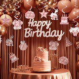 Rose Gold Happy Birthday Hanging Swirl Decorations 48Pcs Set With 24 Hanging Swirls And 24 Birthday Cutouts