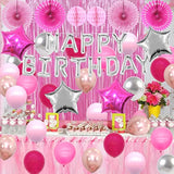 Pink Birthday Decorations Hot Pink Party Supplies Silver Happy Birthday Banner Rose Gold Balloons Foil Fringe Curtain Bday Decor Women 13Th Sweet 16 18Th 21St 25Th 30Th 40Th 50Th 60Th 70Th