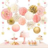 Pink Birthday Party Decorations Kit-Tissue Paper Pom Poms,Lanterns,Fans Flowers,Star Garlands,Streamers For Girls Women Birthday,Wedding,Bachelorette,Bridal Shower,Baby Shower,Princess Party